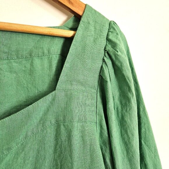 J.Crew 100% Linen Blouse Square Neck Balloon Sleeve Button Front Green Size XL - Picture 2 of 12